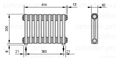 Схема (чертеж) Радиатор Zehnder Charleston 2030/9 №3570 Белый глянцевый RAL 9016
